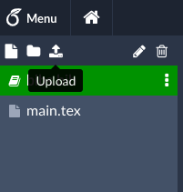 The upload button in Overleaf is located above the file navigator and has a disk icon with an up arrow
