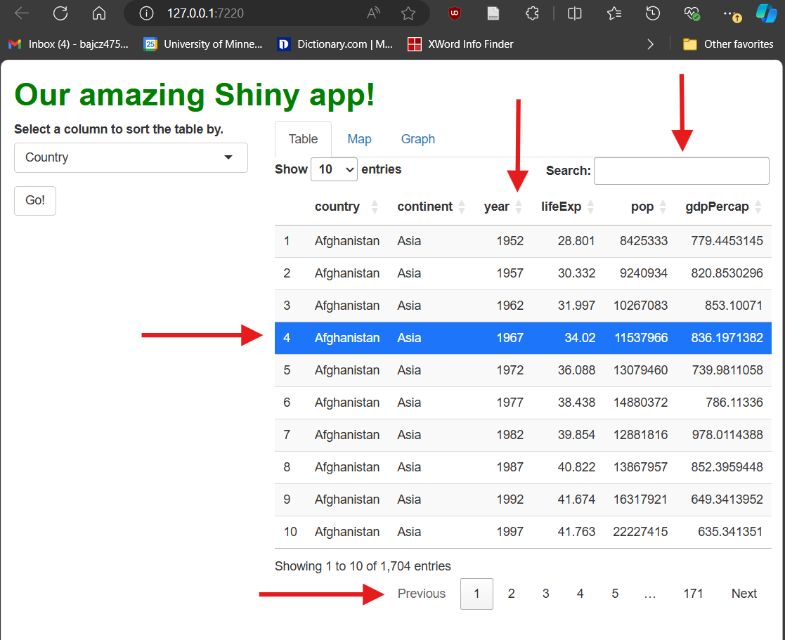 DT tables come with several interactive features, including pagination, searching, row selection, and column sorting (indicated by red arrows).