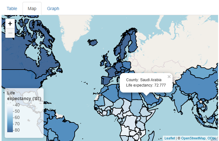 Now, the tooltips also contain the exact life expectancy value of each country. Raw HTML line breaks are used to make the result more human-readable.