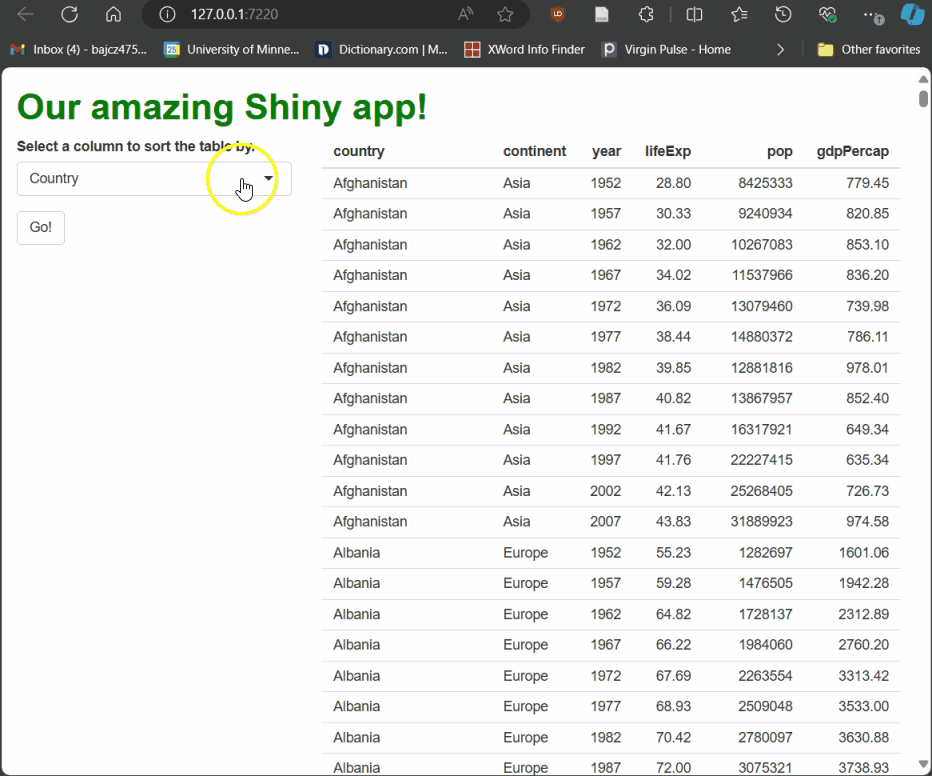 Thanks to isolate(), our table only re-renders when the “Go” button is pressed, but the drop-down menu’s current value is still used at that time.