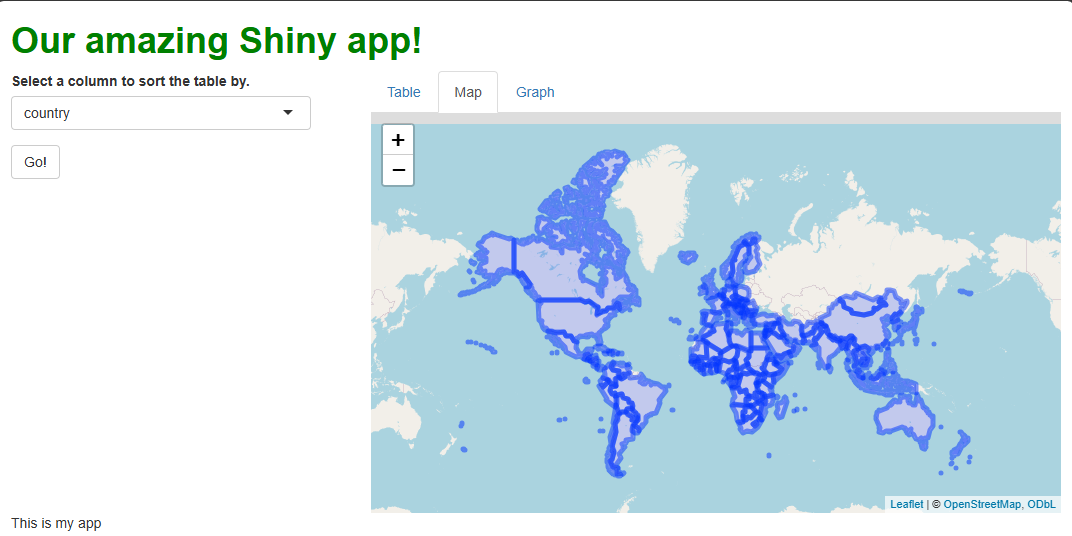 A default leaflet map showing the countries in our data set using fuzzy blue outlines.