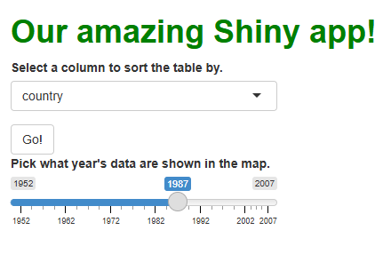 A slider input widget allowing users to select which year’s data to show in the map.